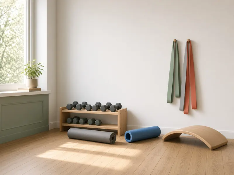 Oefenzaal met halters, een mat, een foamroller en weerstandsbanden
