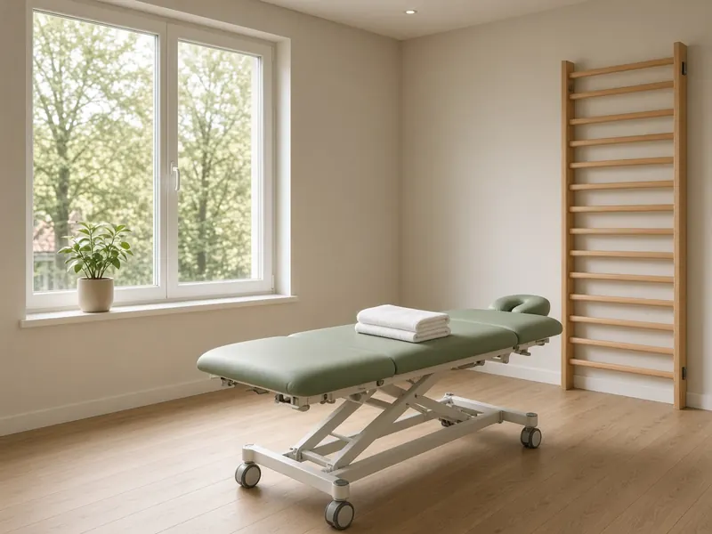Behandelkamer met een behandeltafel, wandrek en een raam met uitzicht op bomen